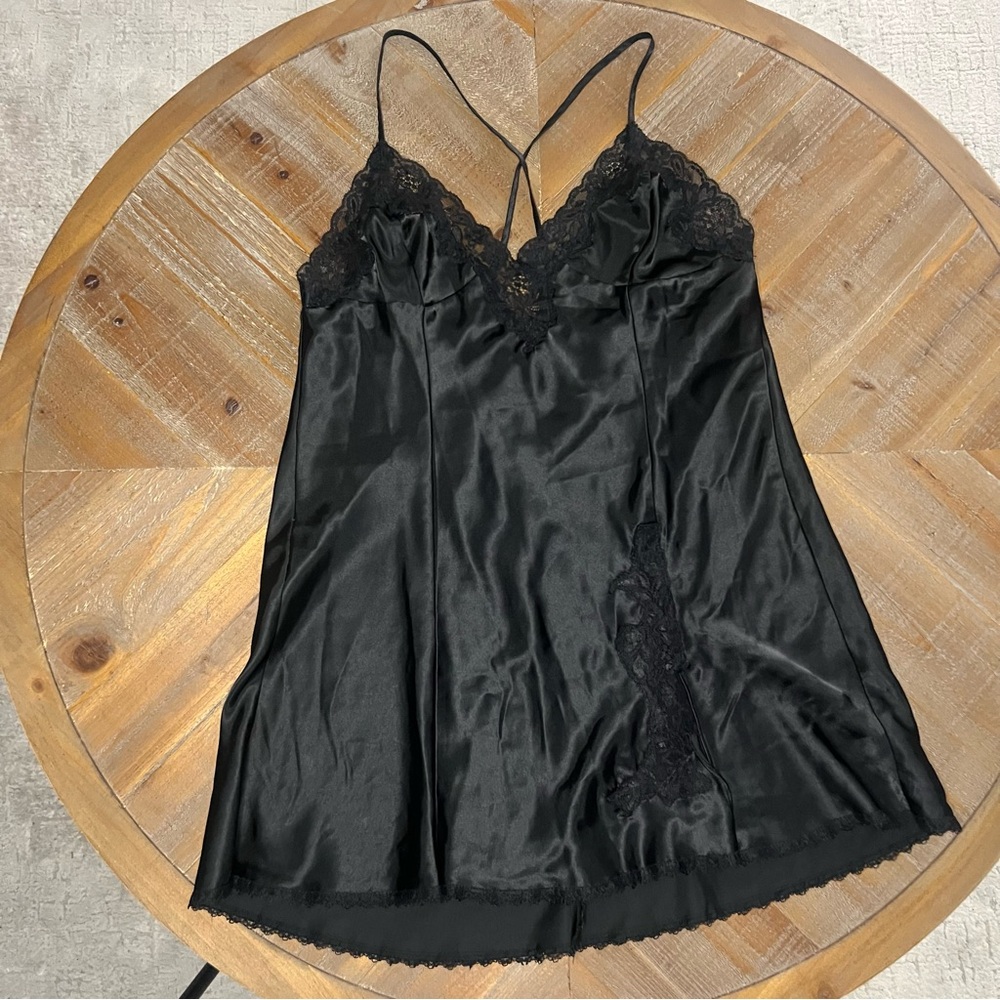Vintage Fredericks of Hollywood Lace Satin Slip Dress Y2K Black‎ Chemise
